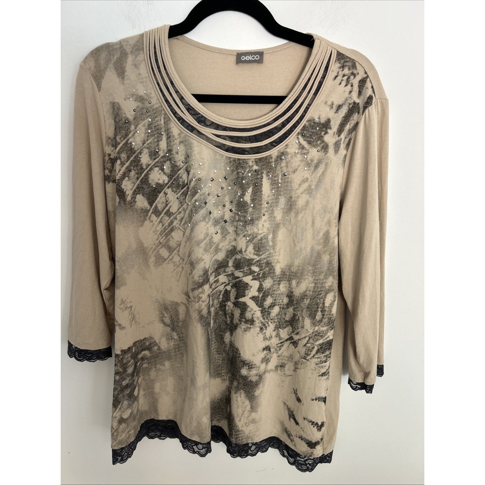 Gelco‎ Women's Beige Brown Artsy Pattern 3/4 Sleeve Fringe Scoop Line Neck